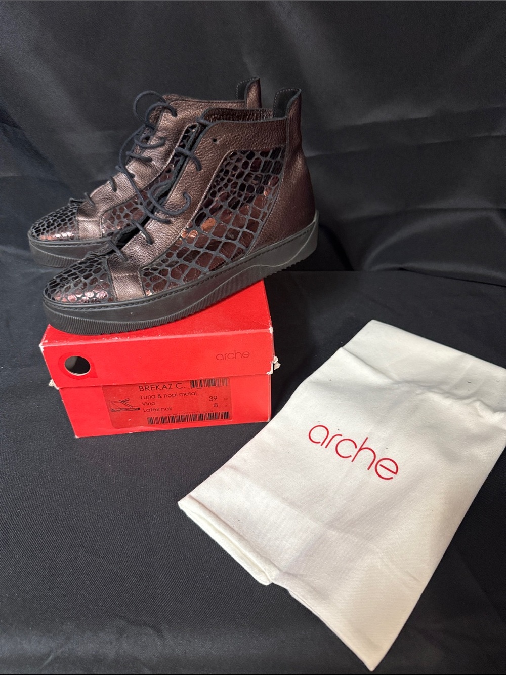 Arche Women’s High-Top Sneaker — Metallic Dark Brown Croc-Embossed